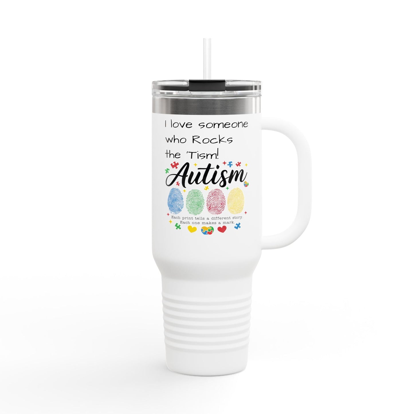 Autism Support 40oz Insulated Travel Mug — "I Love Someone Who Rocks the Spectrum" - Geo Rocks The 'Tism