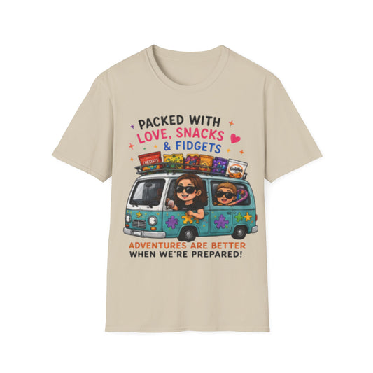 Packed With Love, Snacks & Fidgets T-Shirt — Funny Family Road Trip Tee