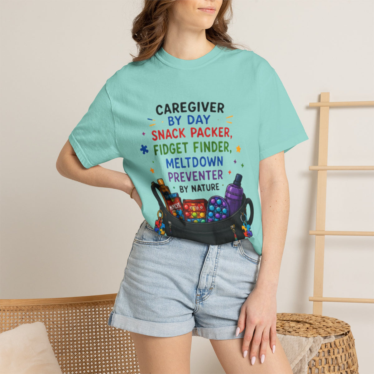 Caregiver By Day T-Shirt — "Snack Packer, Fidget Finder" Autism Support Tee - Geo Rocks The 'Tism
