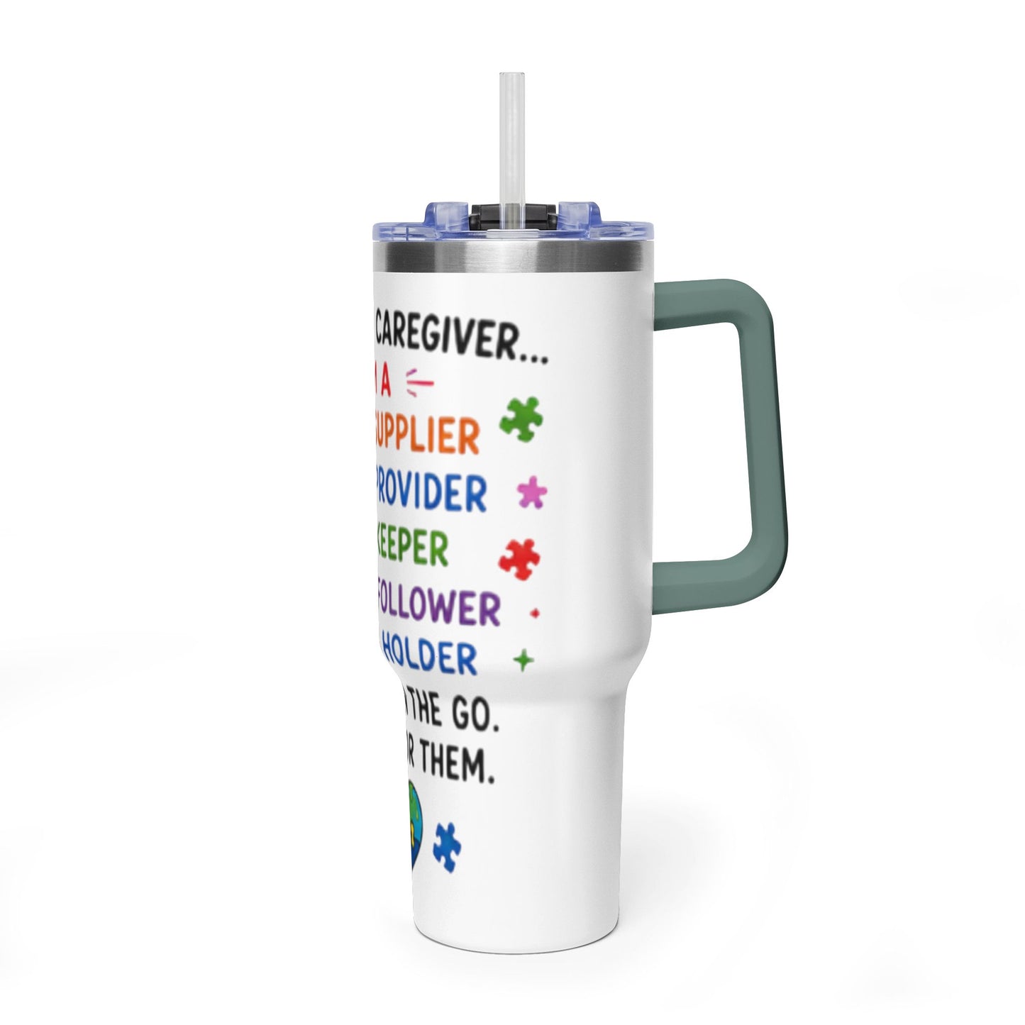 Autism Caregiver 40oz Thermal Tumbler – "Not Just a Caregiver" Insulated Travel Mug - Geo Rocks The 'Tism