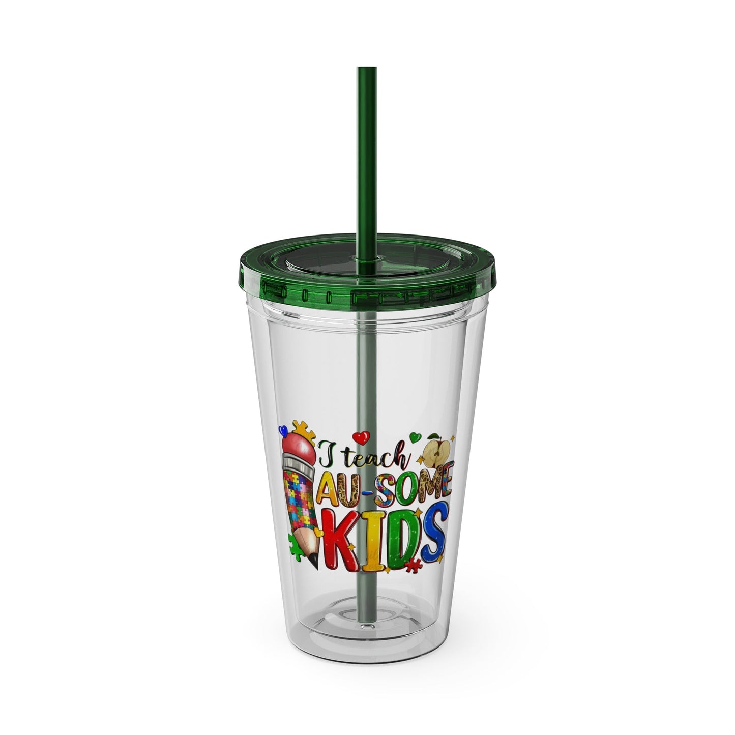 16oz Teacher Tumbler with Straw — "I Teach Au - some Kids" Colorful Autism Awareness Design - Geo Rocks The 'Tism