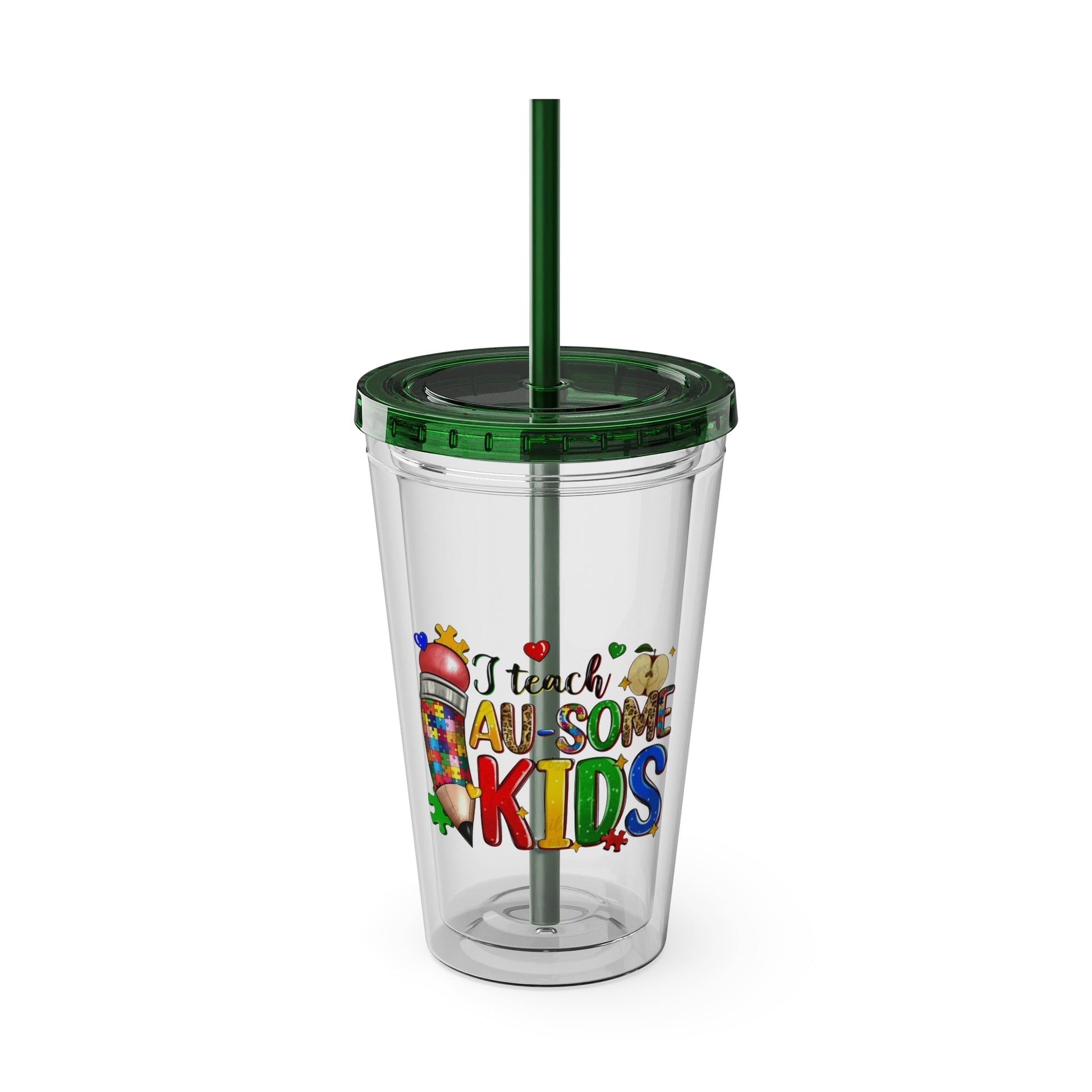 16oz Teacher Tumbler with Straw — "I Teach Au - some Kids" Colorful Autism Awareness Design - Geo Rocks The 'Tism