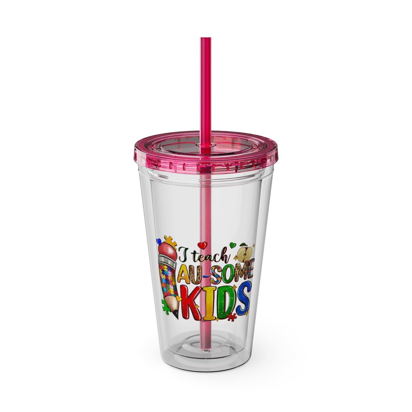 16oz Teacher Tumbler with Straw — "I Teach Au - some Kids" Colorful Autism Awareness Design - Geo Rocks The 'Tism