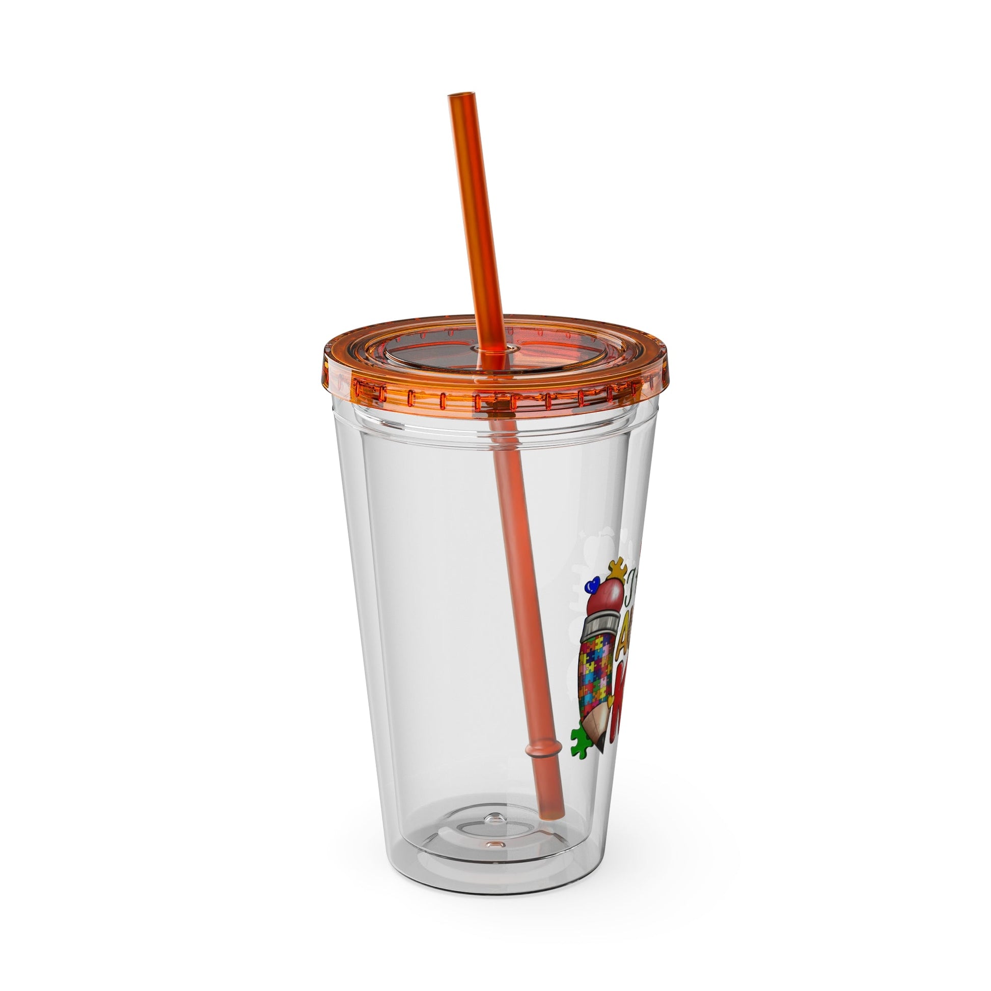 16oz Teacher Tumbler with Straw — "I Teach Au - some Kids" Colorful Autism Awareness Design - Geo Rocks The 'Tism