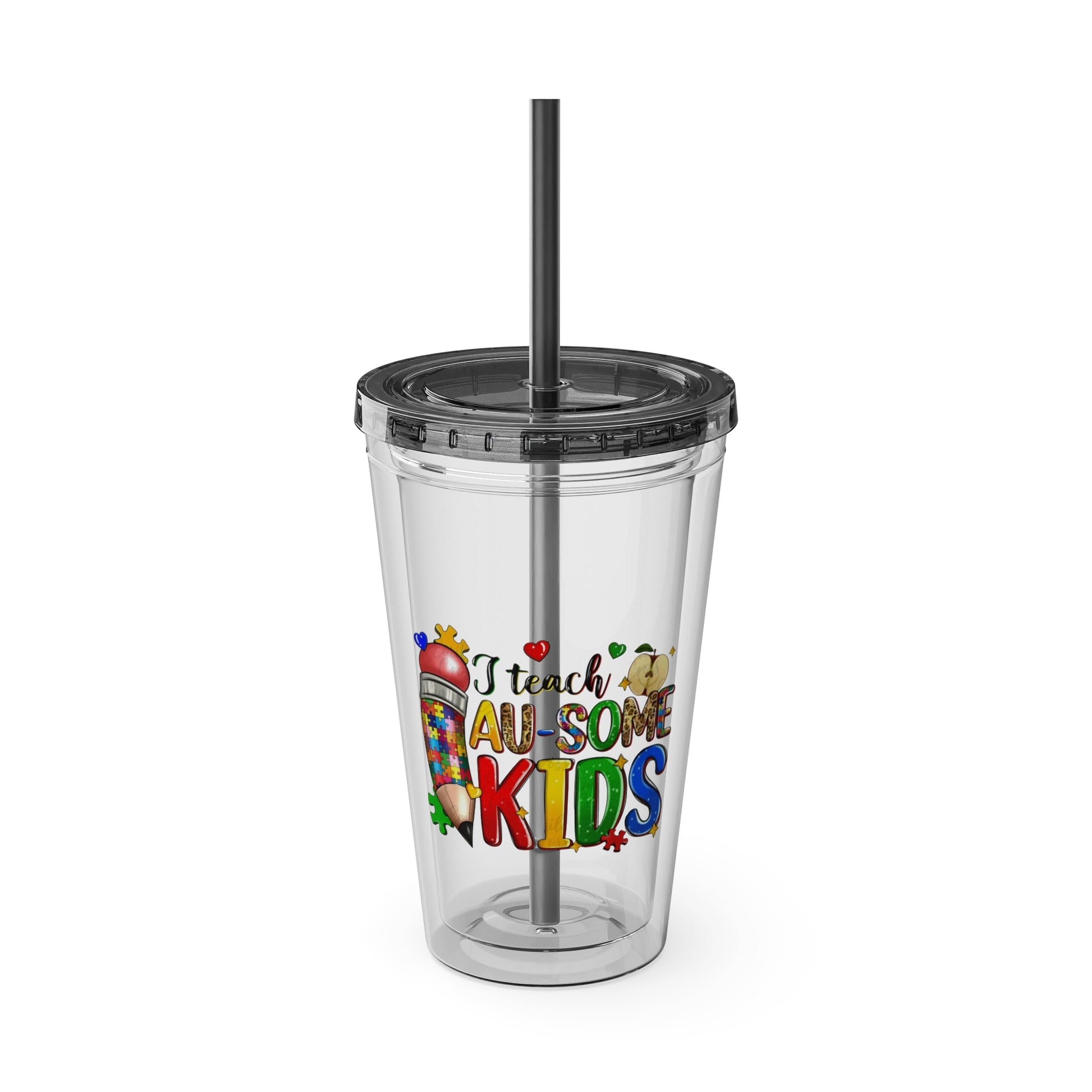 16oz Teacher Tumbler with Straw — "I Teach Au - some Kids" Colorful Autism Awareness Design - Geo Rocks The 'Tism