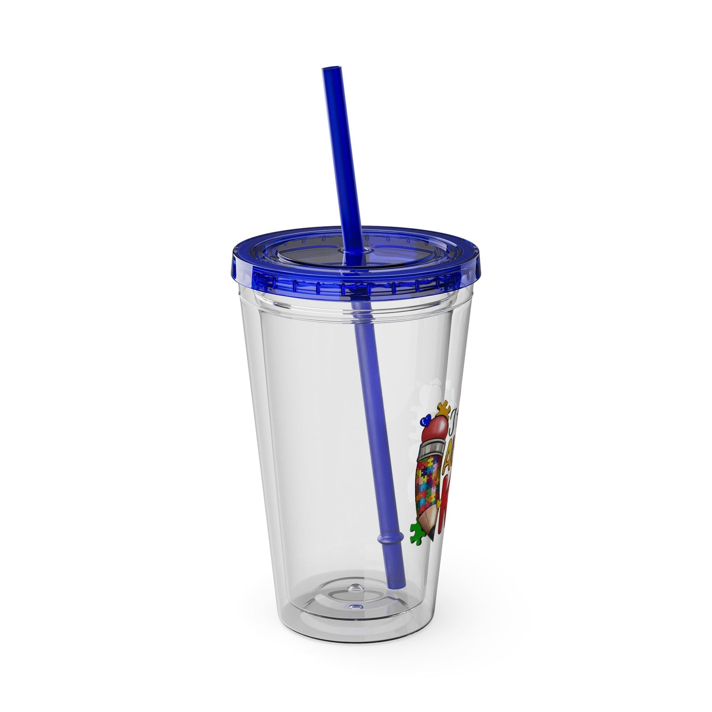 16oz Teacher Tumbler with Straw — "I Teach Au - some Kids" Colorful Autism Awareness Design - Geo Rocks The 'Tism