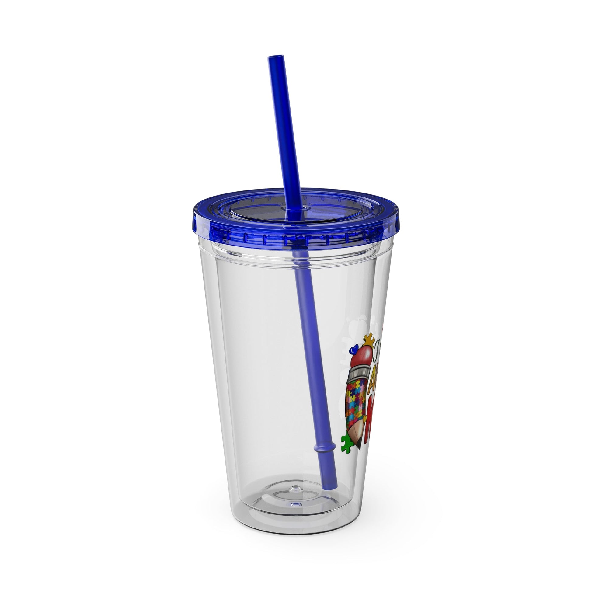 16oz Teacher Tumbler with Straw — "I Teach Au - some Kids" Colorful Autism Awareness Design - Geo Rocks The 'Tism