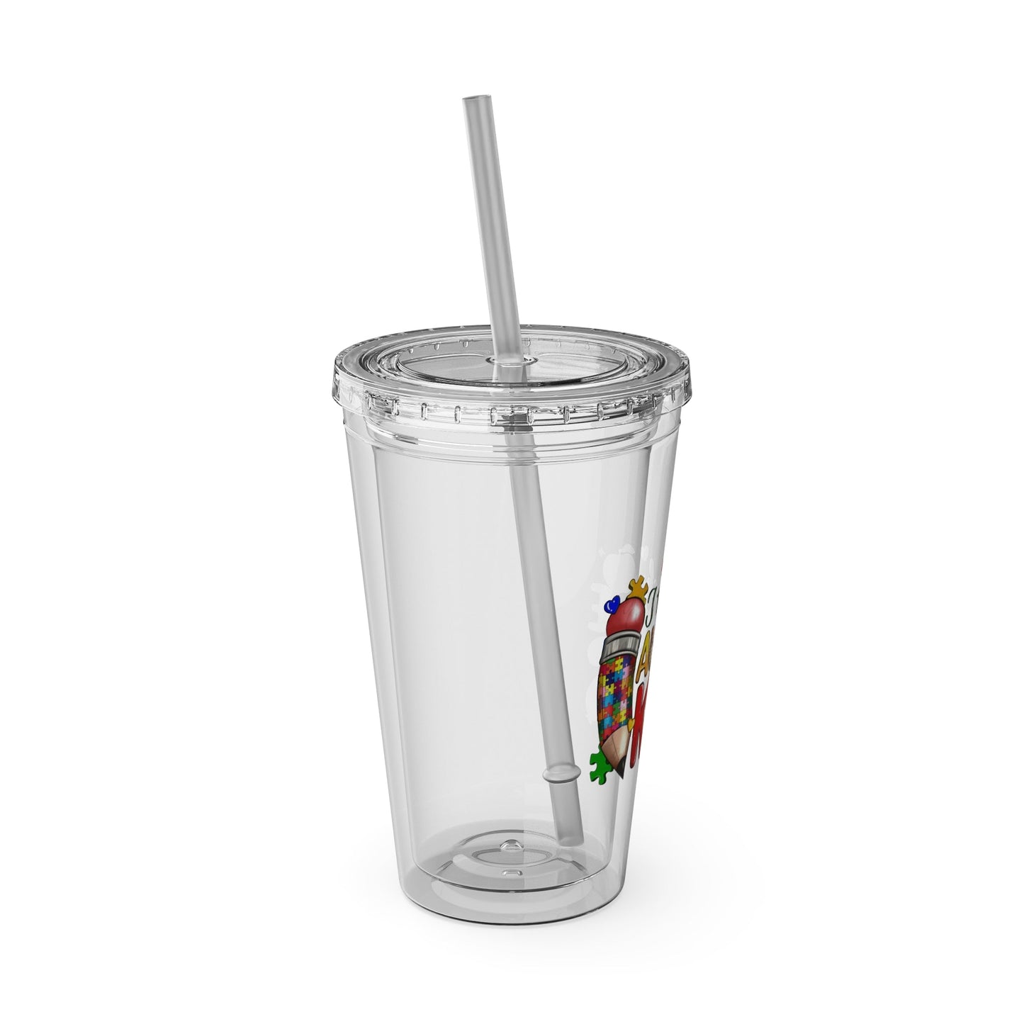 16oz Teacher Tumbler with Straw — "I Teach Au - some Kids" Colorful Autism Awareness Design - Geo Rocks The 'Tism
