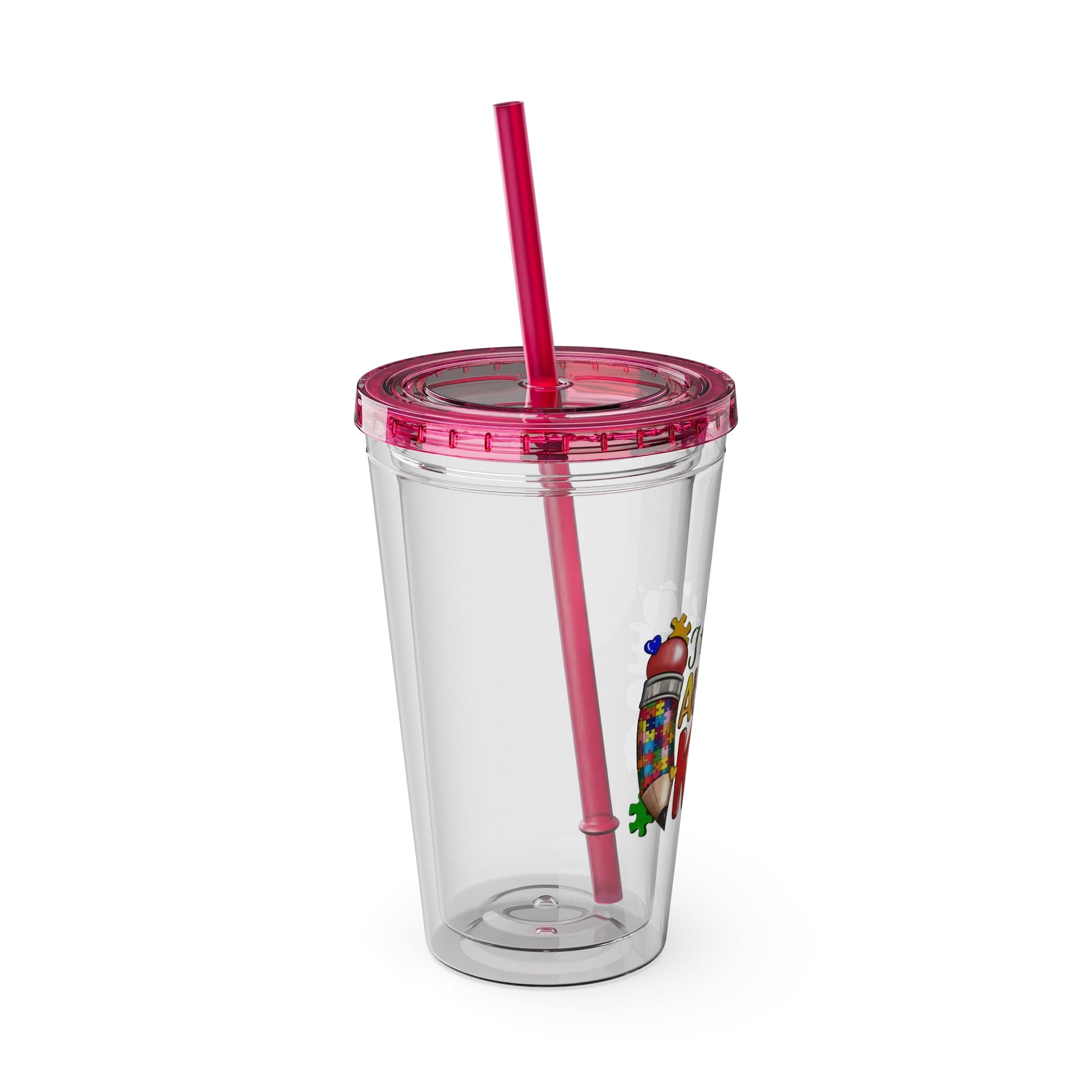 16oz Teacher Tumbler with Straw — "I Teach Au - some Kids" Colorful Autism Awareness Design - Geo Rocks The 'Tism