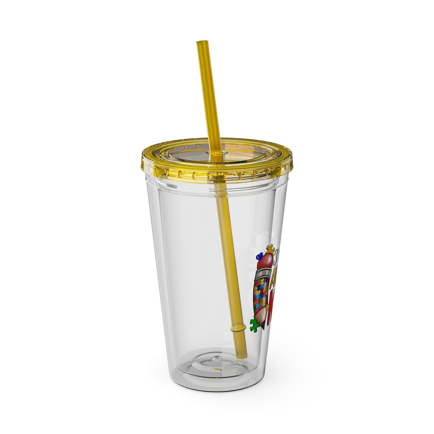 16oz Teacher Tumbler with Straw — "I Teach Au - some Kids" Colorful Autism Awareness Design - Geo Rocks The 'Tism