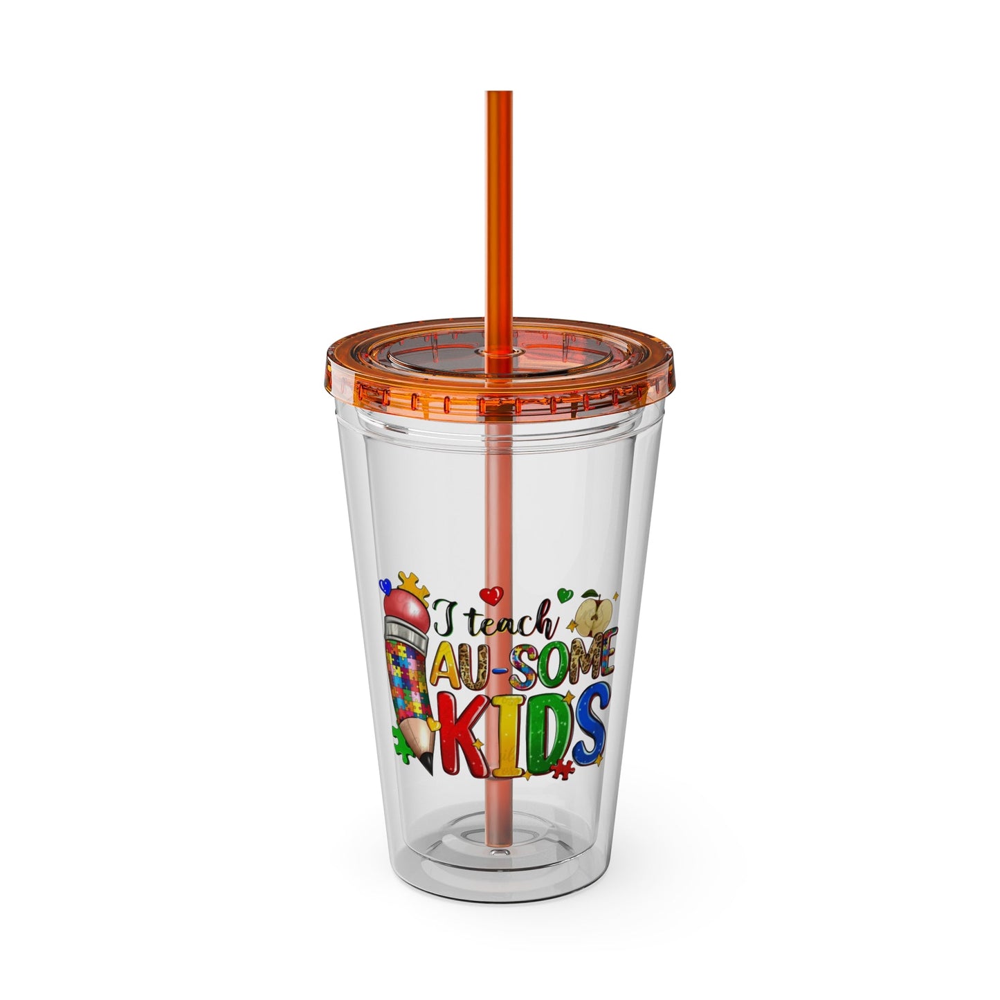 16oz Teacher Tumbler with Straw — "I Teach Au - some Kids" Colorful Autism Awareness Design - Geo Rocks The 'Tism