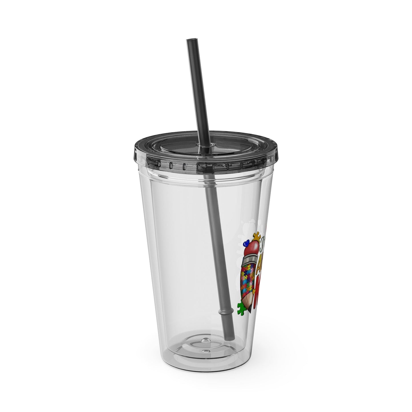 16oz Teacher Tumbler with Straw — "I Teach Au - some Kids" Colorful Autism Awareness Design - Geo Rocks The 'Tism