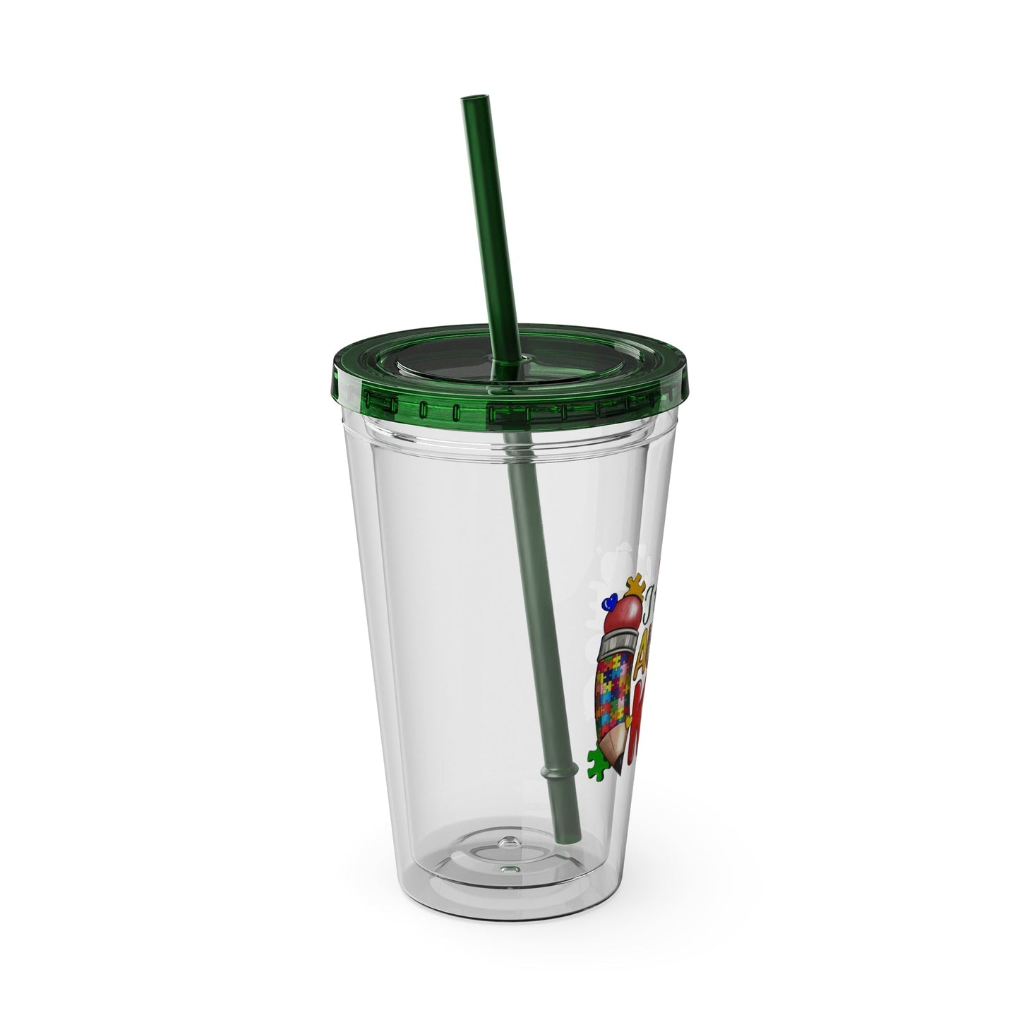 16oz Teacher Tumbler with Straw — "I Teach Au - some Kids" Colorful Autism Awareness Design - Geo Rocks The 'Tism