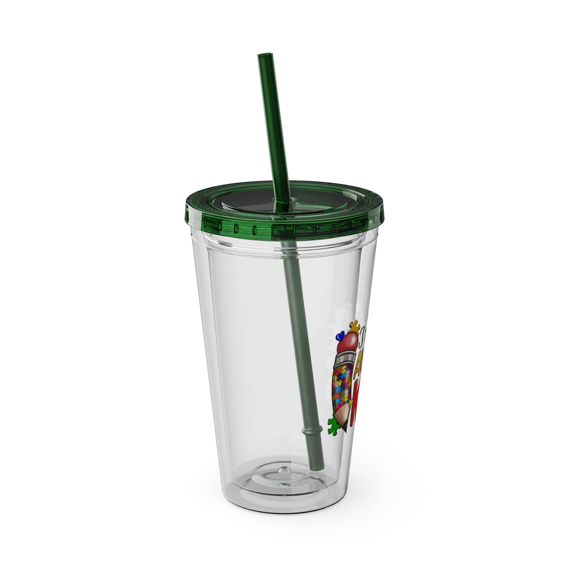 16oz Teacher Tumbler with Straw — "I Teach Au - some Kids" Colorful Autism Awareness Design - Geo Rocks The 'Tism