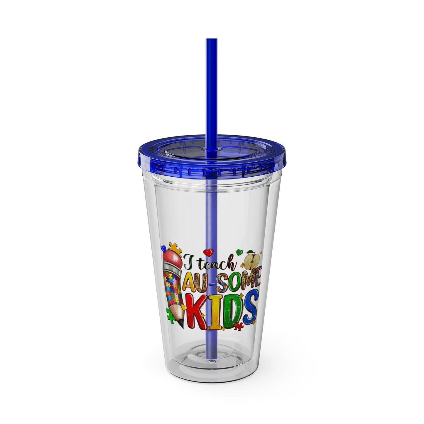 16oz Teacher Tumbler with Straw — "I Teach Au - some Kids" Colorful Autism Awareness Design - Geo Rocks The 'Tism