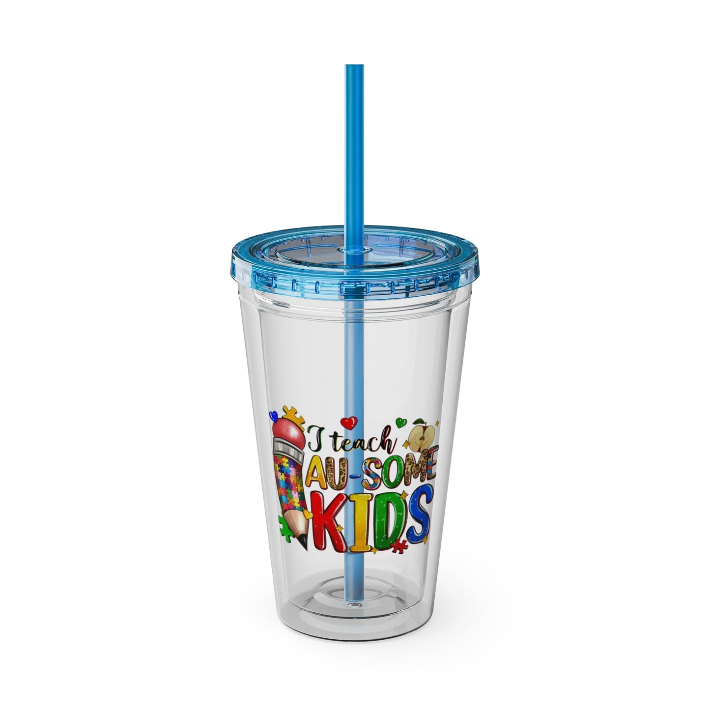 16oz Teacher Tumbler with Straw — "I Teach Au - some Kids" Colorful Autism Awareness Design - Geo Rocks The 'Tism