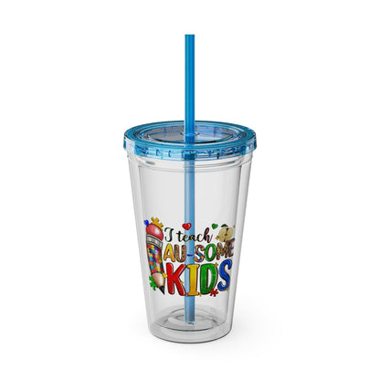 16oz Teacher Tumbler with Straw — "I Teach Au - some Kids" Colorful Autism Awareness Design - Geo Rocks The 'Tism