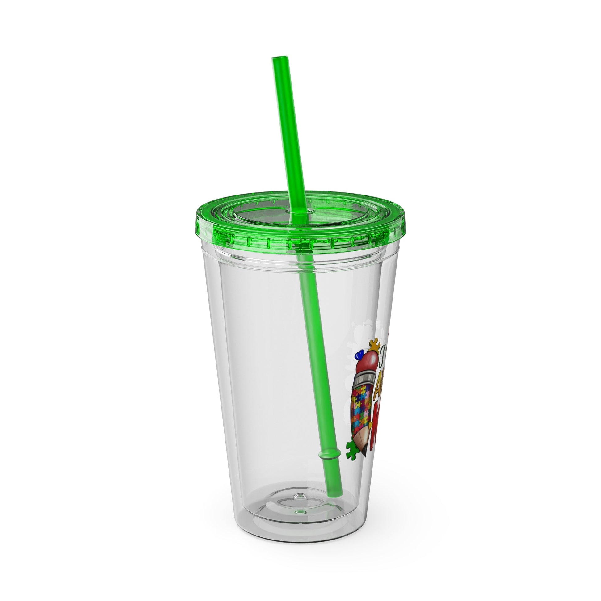 16oz Teacher Tumbler with Straw — "I Teach Au - some Kids" Colorful Autism Awareness Design - Geo Rocks The 'Tism
