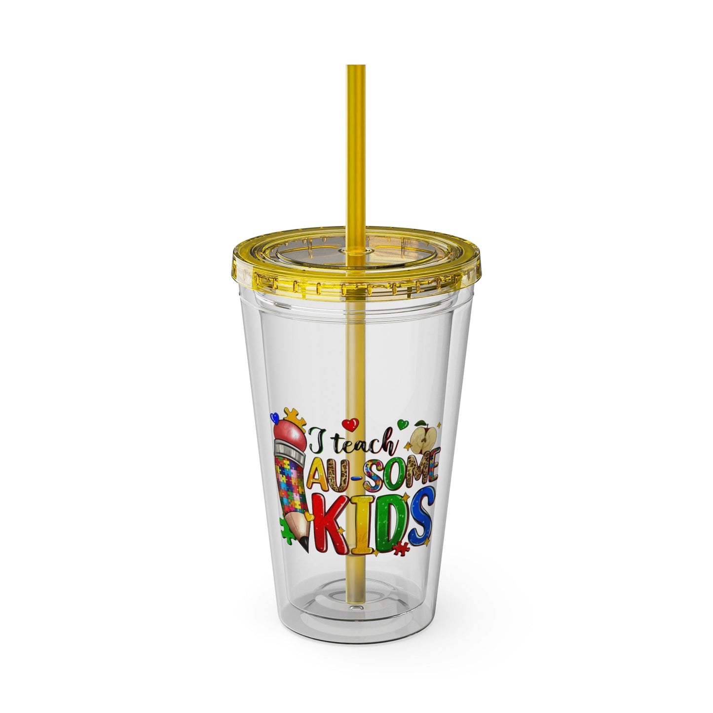 16oz Teacher Tumbler with Straw — "I Teach Au - some Kids" Colorful Autism Awareness Design - Geo Rocks The 'Tism