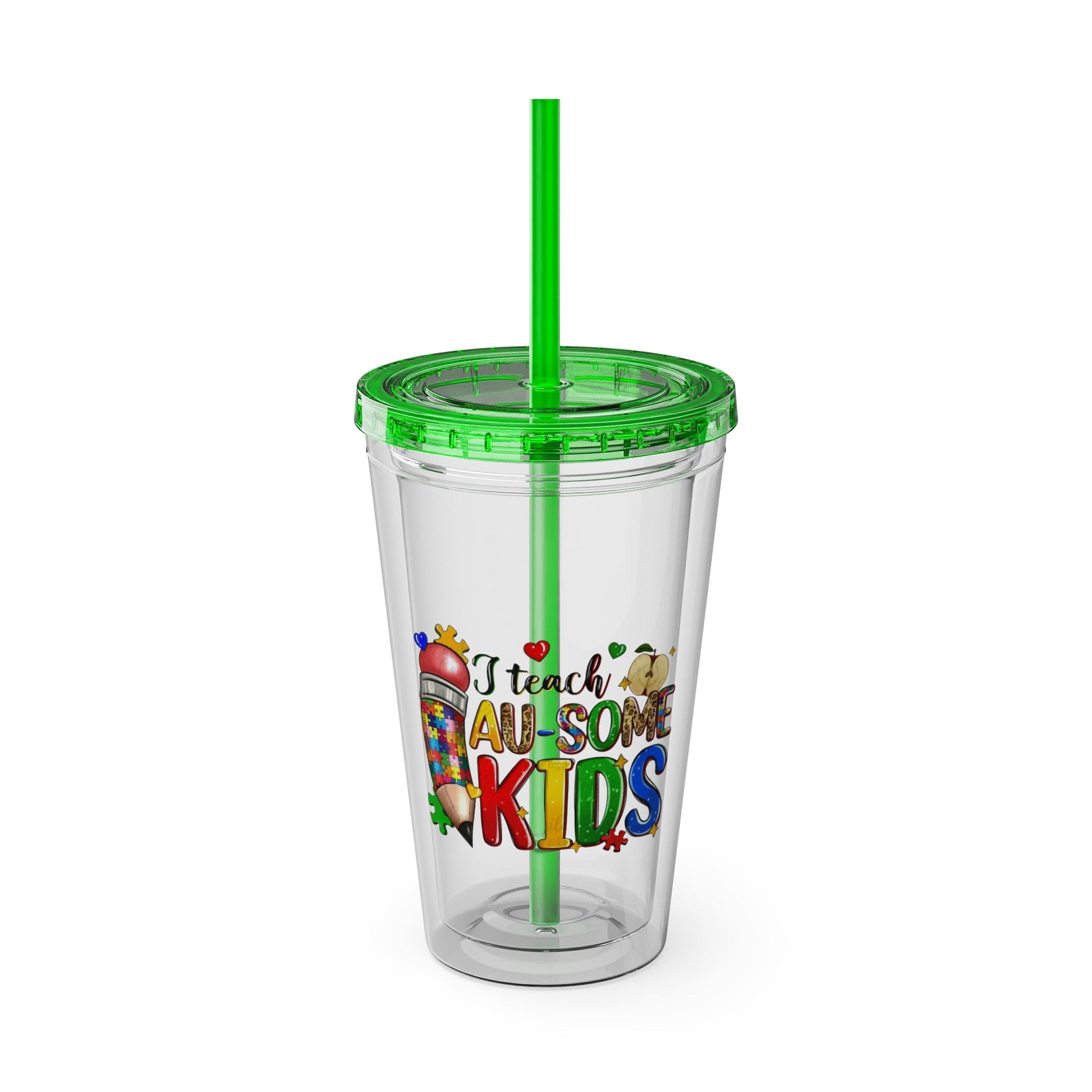 16oz Teacher Tumbler with Straw — "I Teach Au - some Kids" Colorful Autism Awareness Design - Geo Rocks The 'Tism