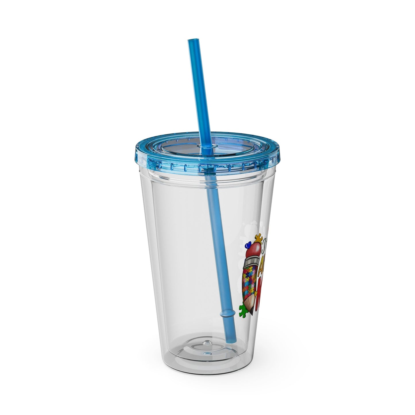 16oz Teacher Tumbler with Straw — "I Teach Au - some Kids" Colorful Autism Awareness Design - Geo Rocks The 'Tism