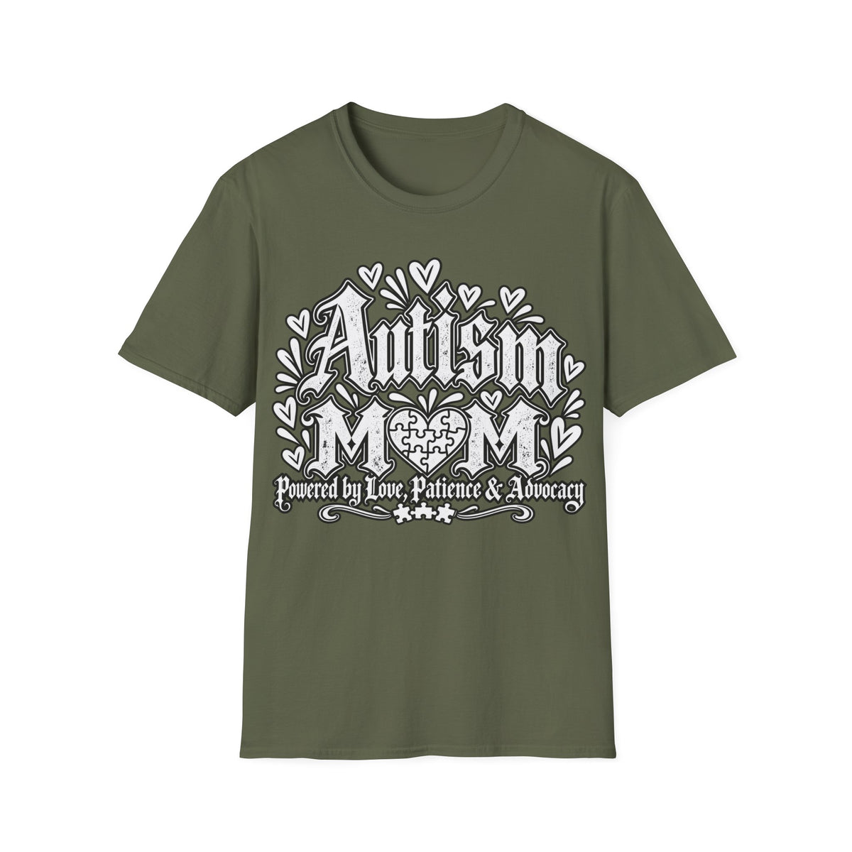 Autism Mom T-Shirt "Powered by Love, Patience & Advocacy"
