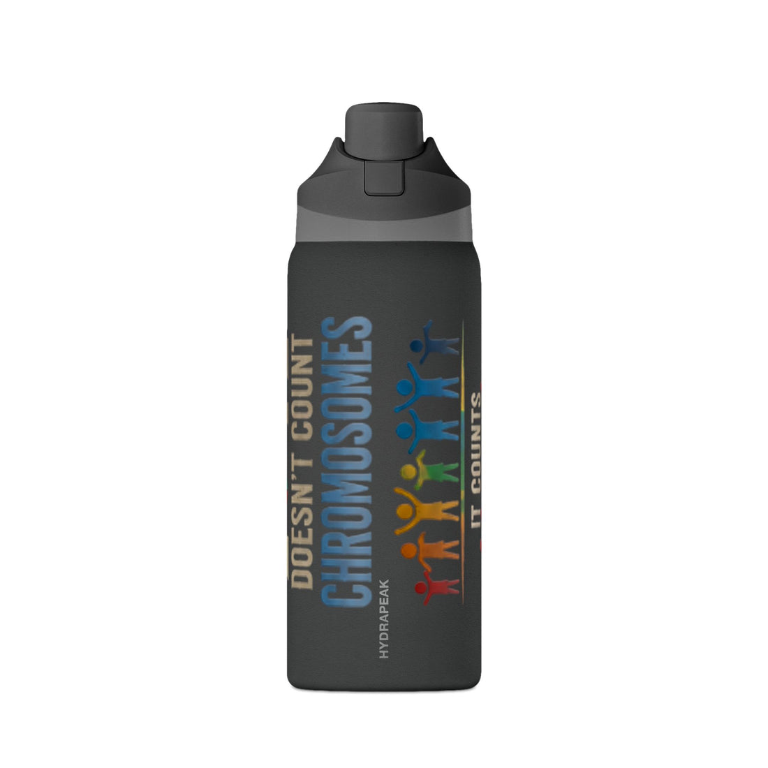 A dark gray insulated water bottle with a flip-top lid, featuring a 'LOVE DOESN'T COUNT CHROMOSOMES' graphic with a puzzle-heart design in autism awareness colors on the front.