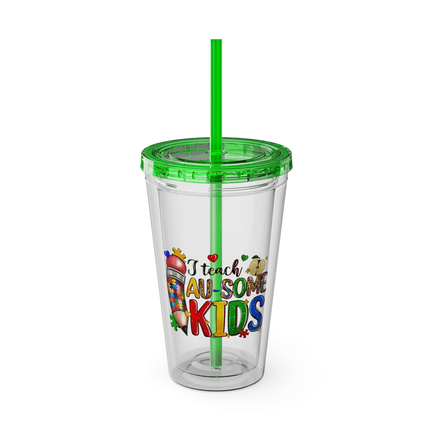 16oz Teacher Tumbler with Straw — "I Teach Au-some Kids" Colorful Autism Awareness Design