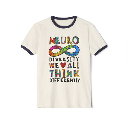 Neurodiversity Infinity Ringer T-Shirt — "We All Think Differently" Pride Tee - Geo Rocks The 'Tism