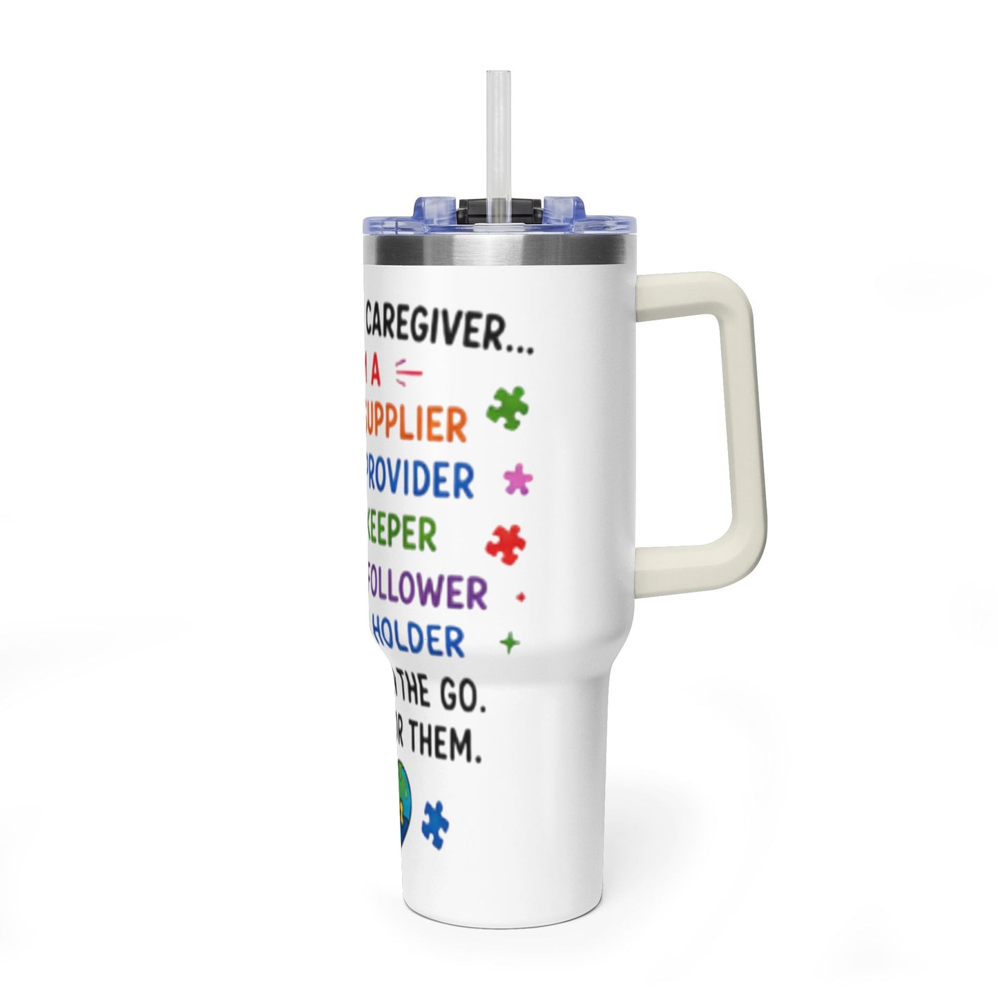 Autism Caregiver 40oz Thermal Tumbler – "Not Just a Caregiver" Insulated Travel Mug - Geo Rocks The 'Tism