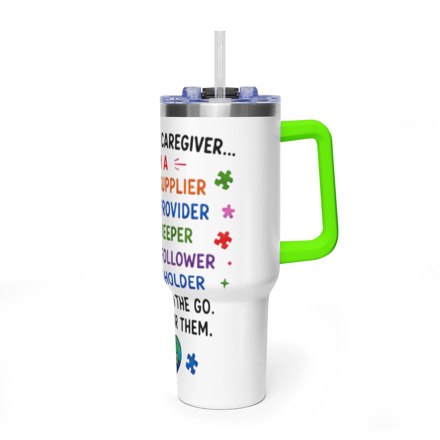 Autism Caregiver 40oz Thermal Tumbler – "Not Just a Caregiver" Insulated Travel Mug - Geo Rocks The 'Tism