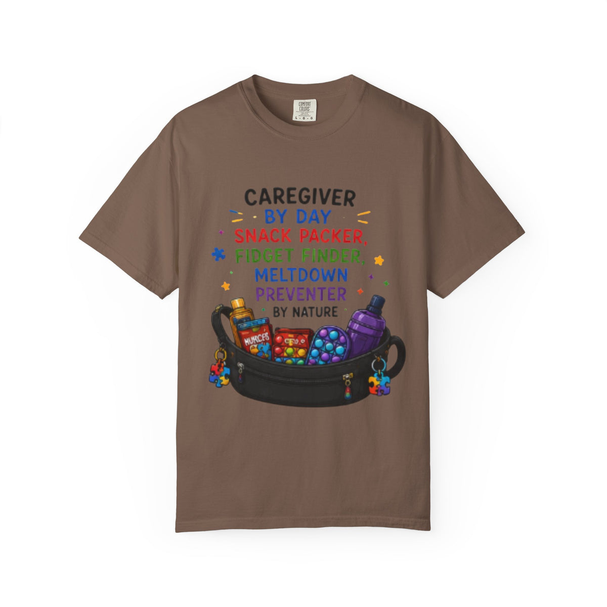 Caregiver By Day T-Shirt — "Snack Packer, Fidget Finder" Autism Support Tee - Geo Rocks The 'Tism
