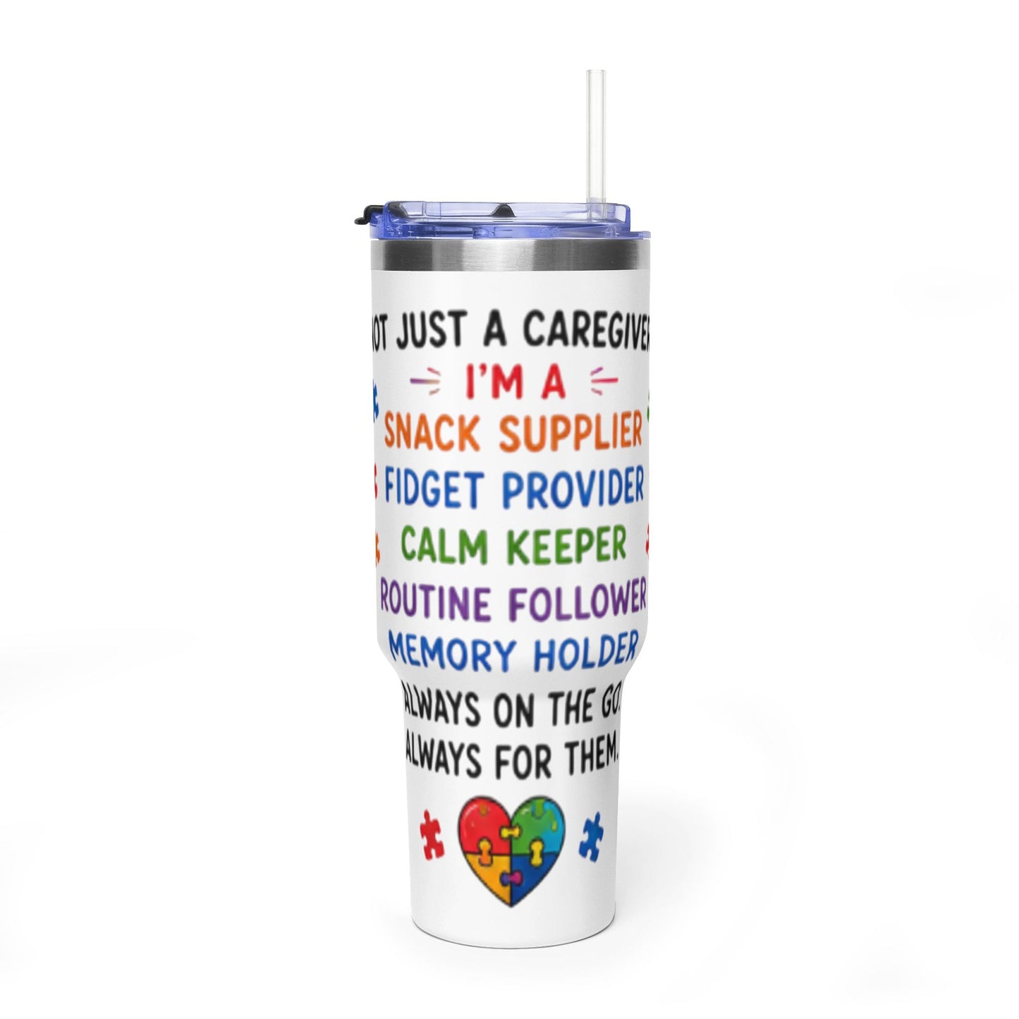 Autism Caregiver 40oz Thermal Tumbler – "Not Just a Caregiver" Insulated Travel Mug - Geo Rocks The 'Tism