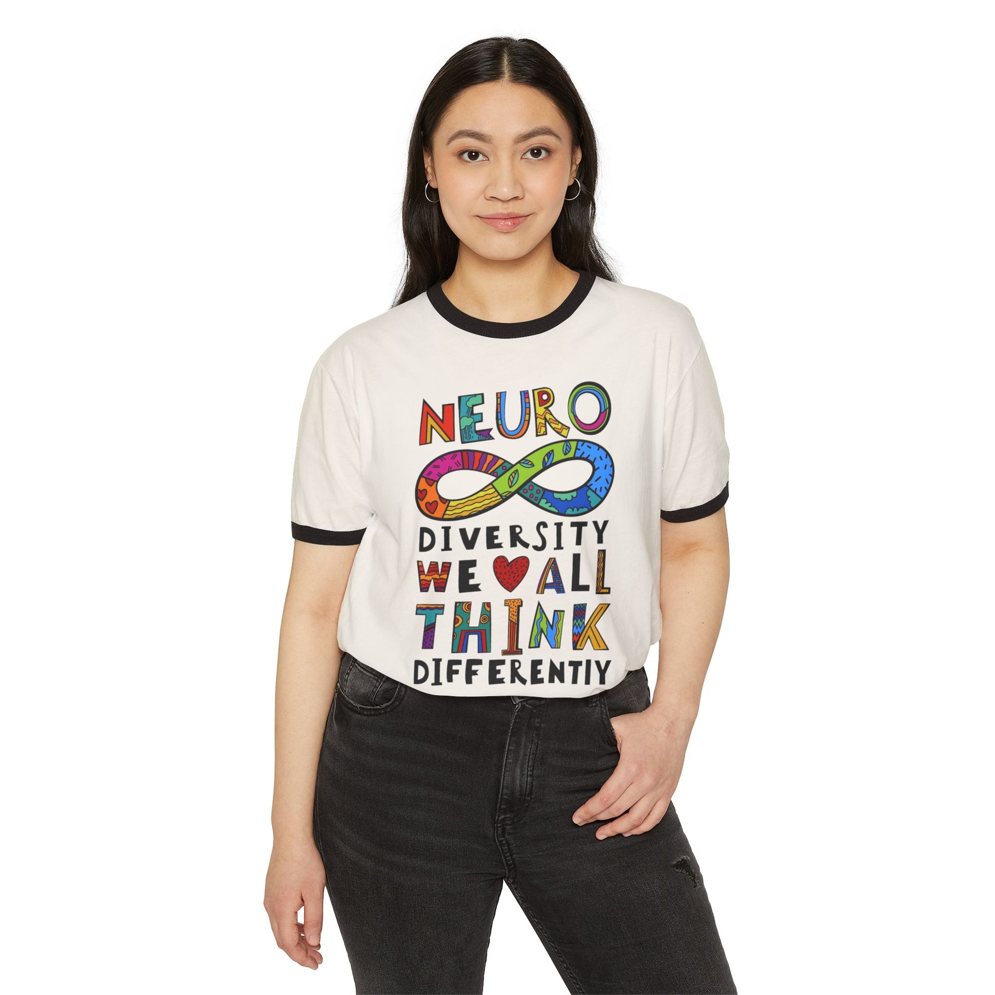 Neurodiversity Infinity Ringer T-Shirt — "We All Think Differently" Pride Tee - Geo Rocks The 'Tism