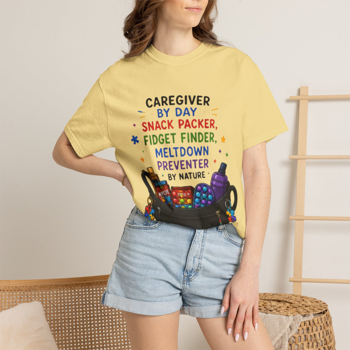 Caregiver By Day T-Shirt — "Snack Packer, Fidget Finder" Autism Support Tee - Geo Rocks The 'Tism