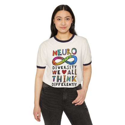 Neurodiversity Infinity Ringer T-Shirt — "We All Think Differently" Pride Tee - Geo Rocks The 'Tism