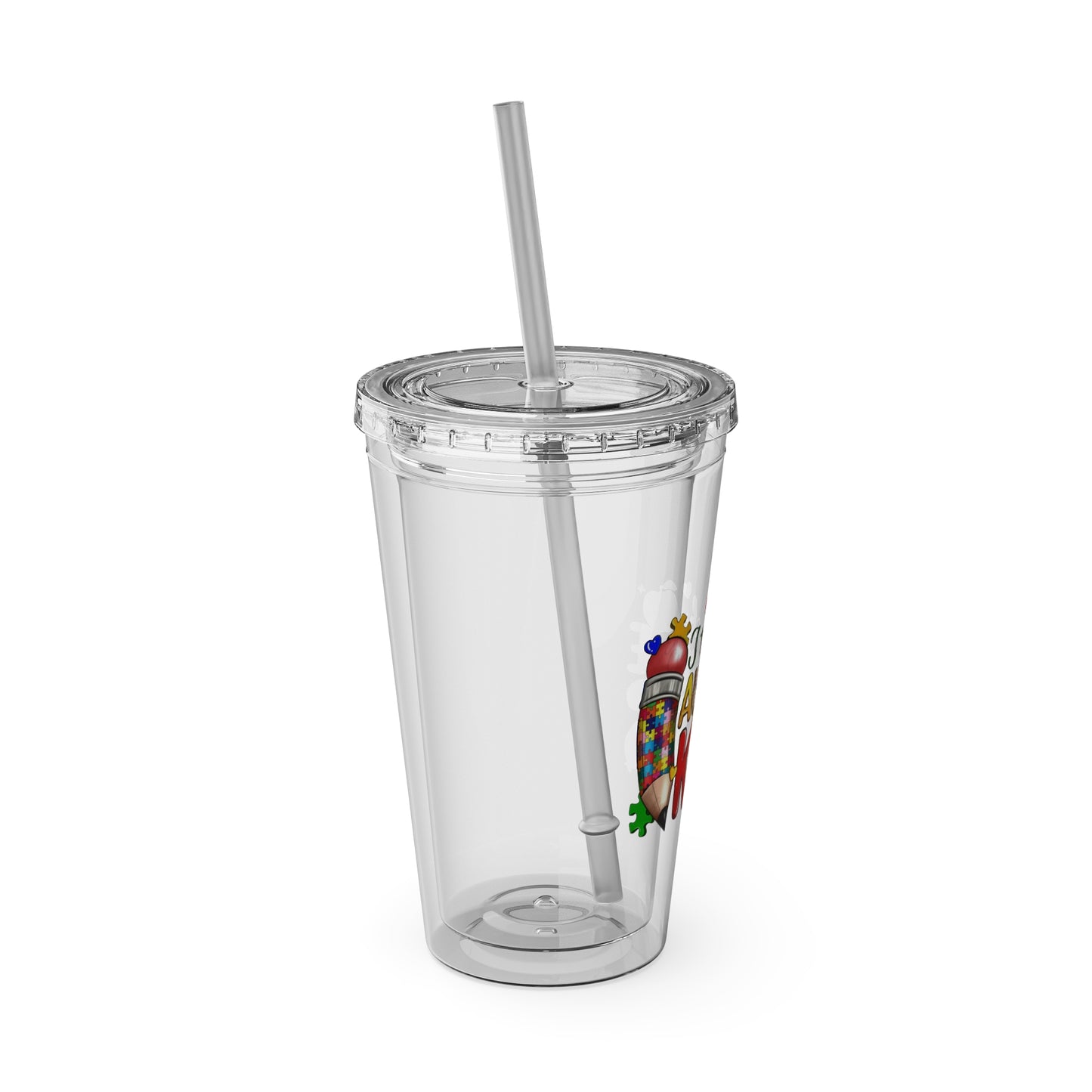 16oz Teacher Tumbler with Straw — "I Teach Au-some Kids" Colorful Autism Awareness Design