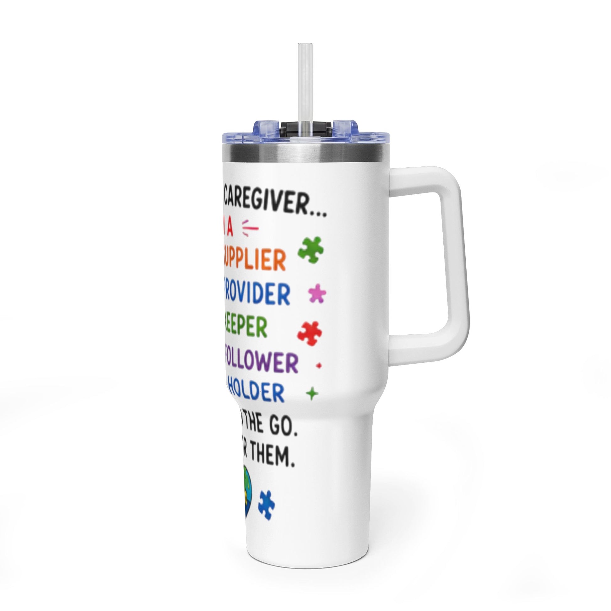 Autism Caregiver 40oz Thermal Tumbler – "Not Just a Caregiver" Insulated Travel Mug - Geo Rocks The 'Tism