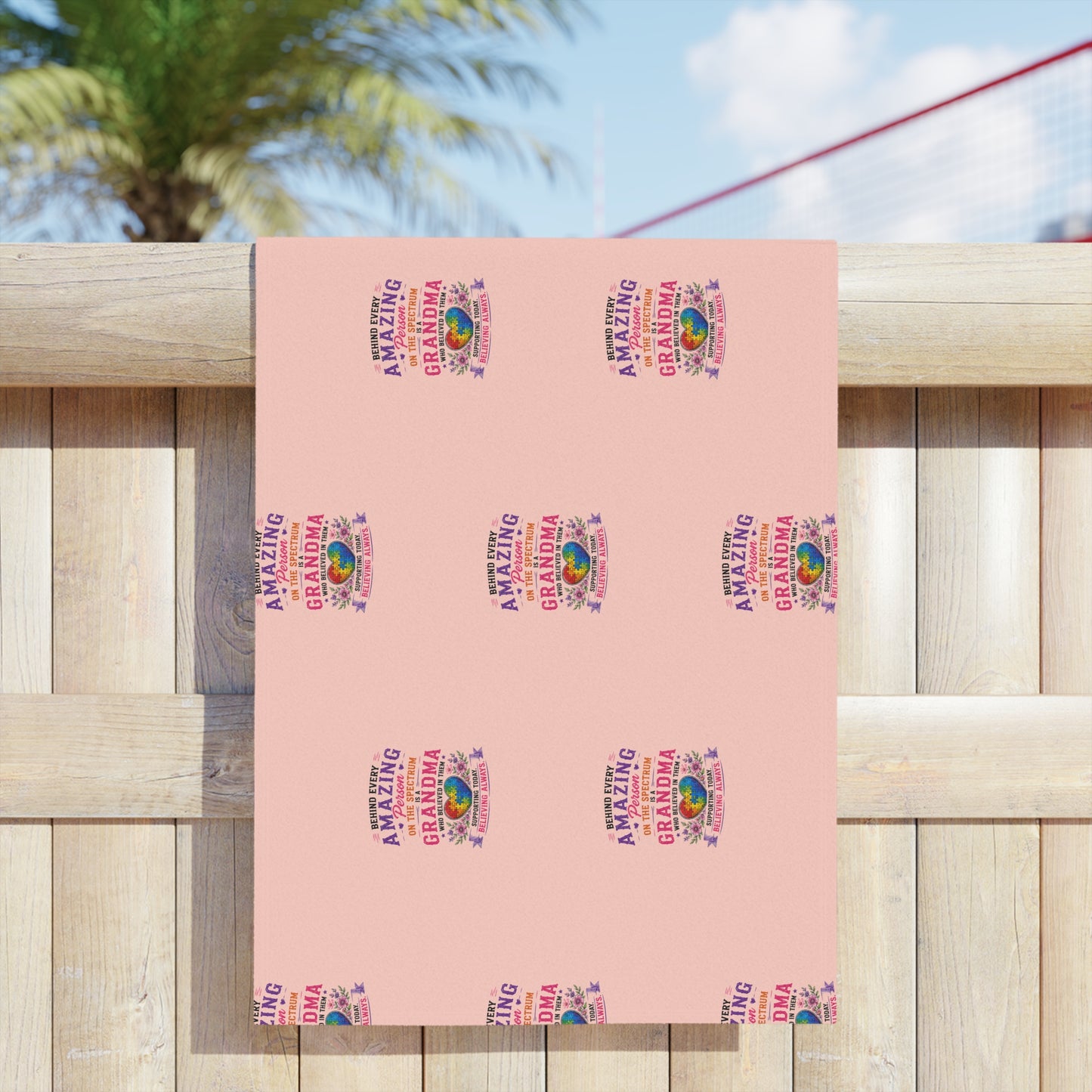 Beach Towel — Pink "Amazing Grandma" Patterned Tropical Sunset Design