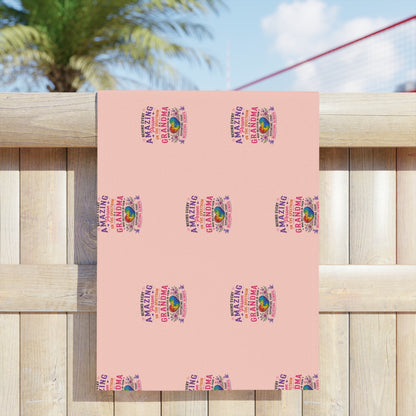 Beach Towel — Pink "Amazing Grandma" Patterned Tropical Sunset Design