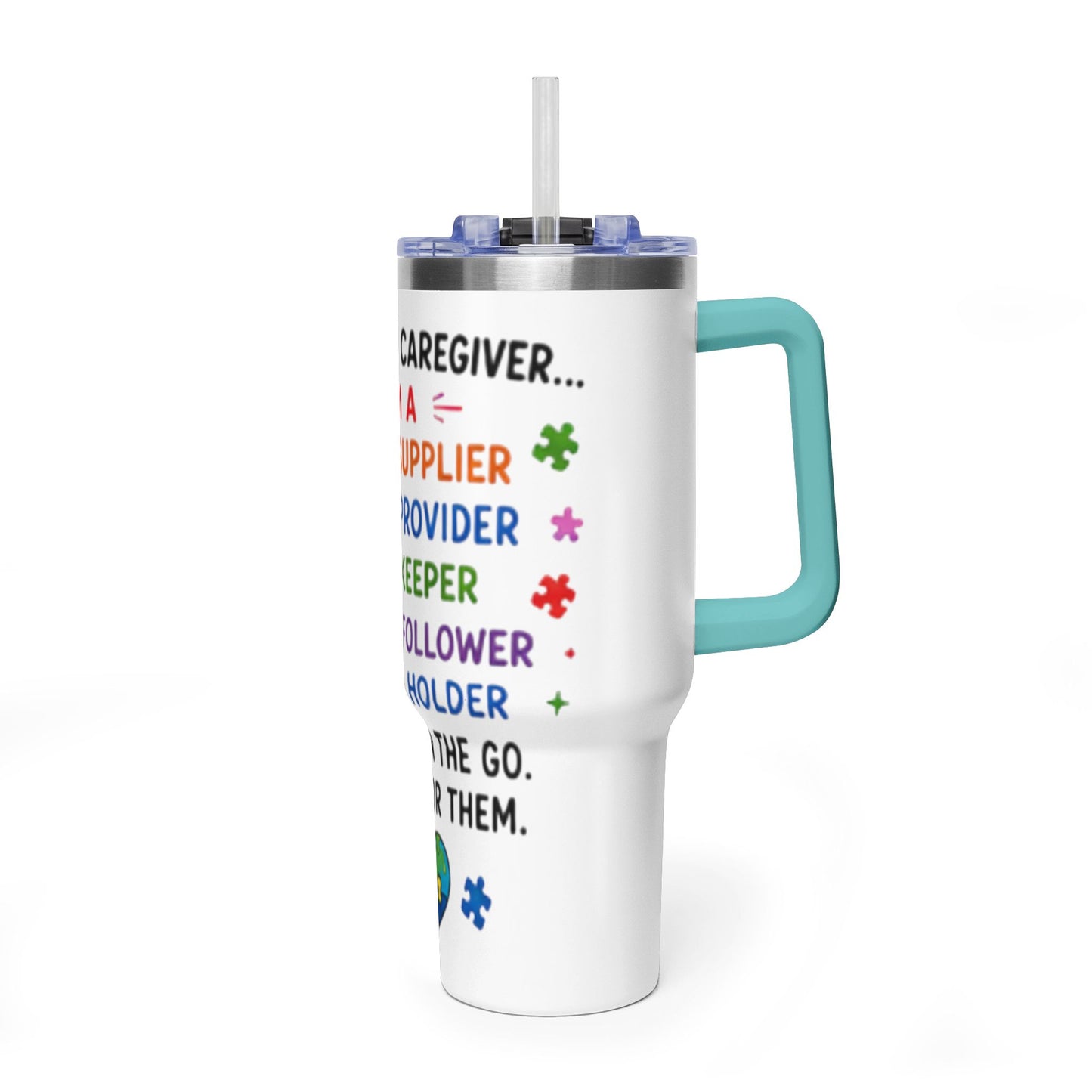 Autism Caregiver 40oz Thermal Tumbler – "Not Just a Caregiver" Insulated Travel Mug - Geo Rocks The 'Tism