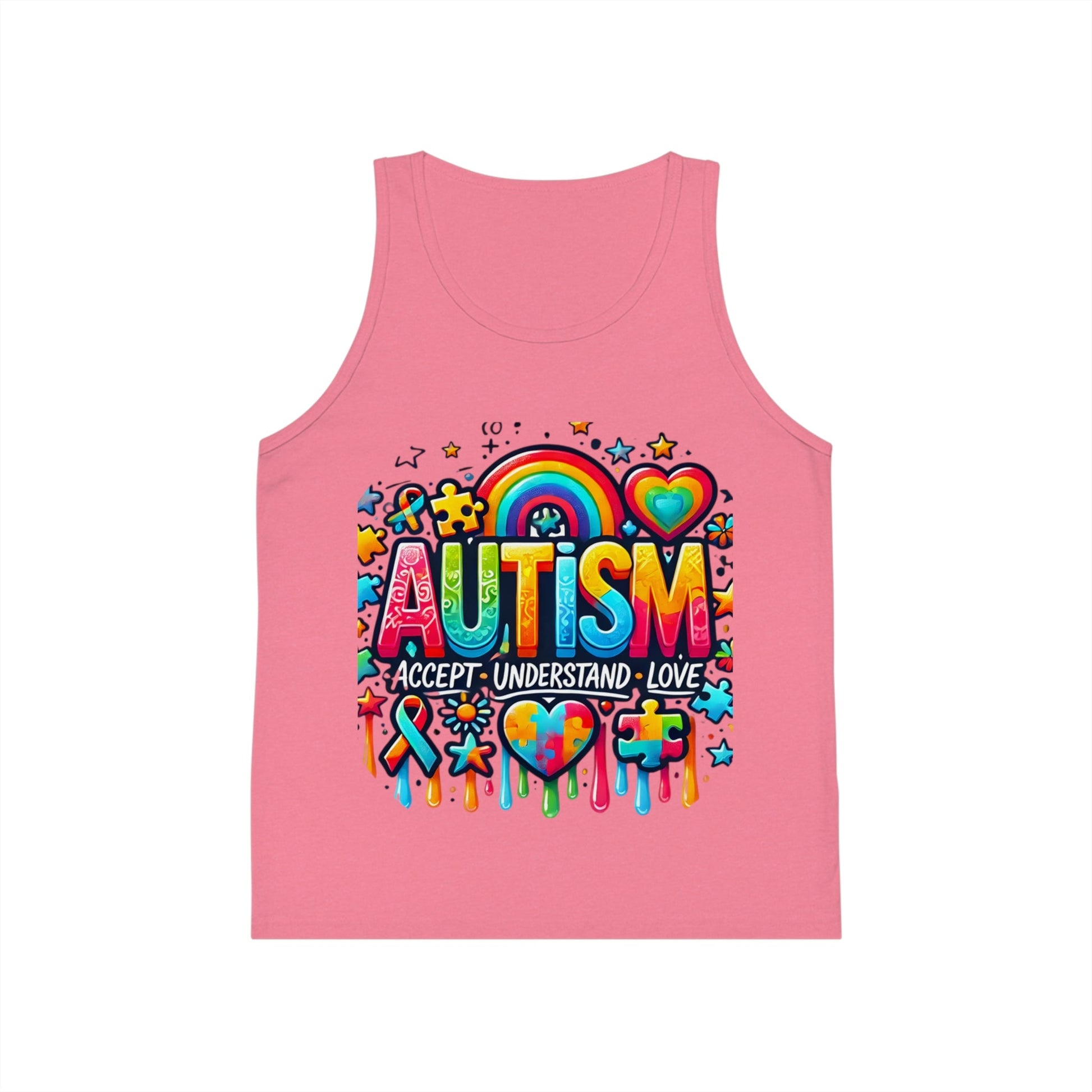 Autism Awareness Kids Tank Top — "Autism: Accept • Understand • Love" Rainbow Puzzle Design - Geo Rocks The 'Tism