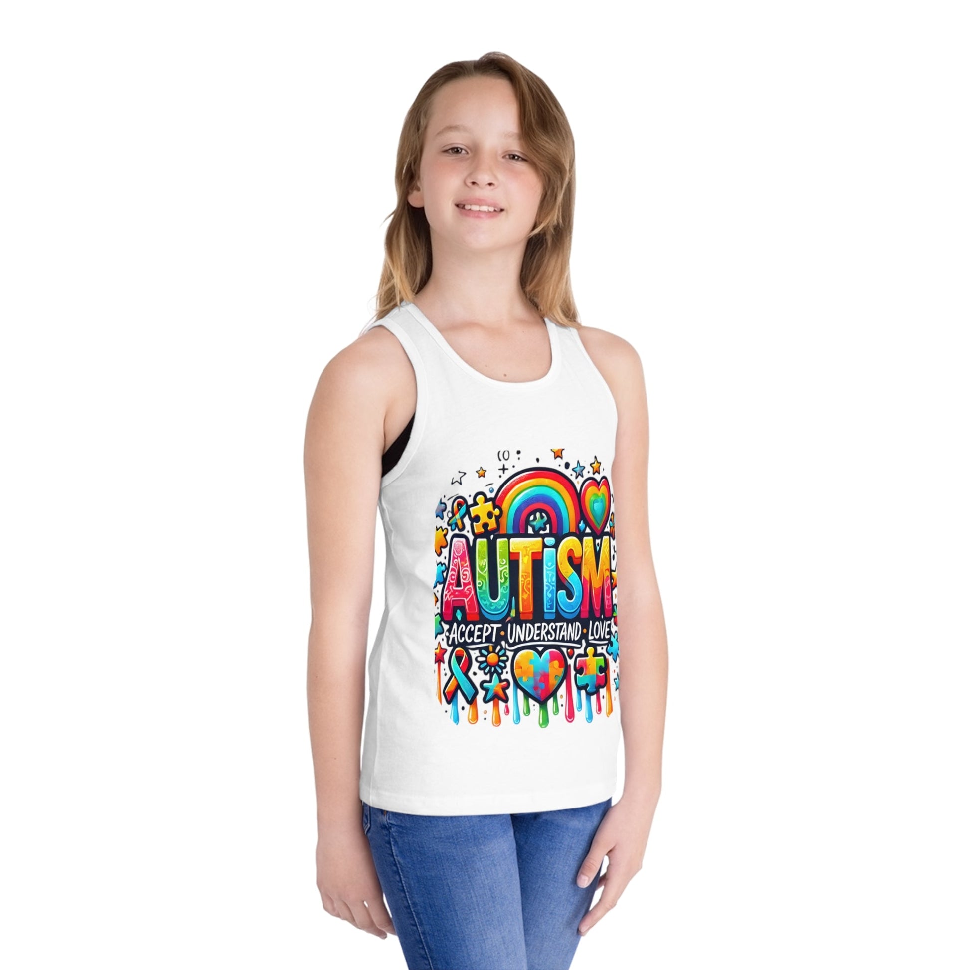 Autism Awareness Kids Tank Top — "Autism: Accept • Understand • Love" Rainbow Puzzle Design - Geo Rocks The 'Tism