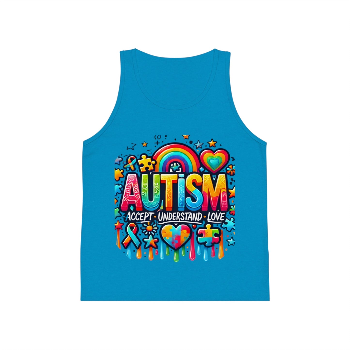Autism Awareness Kids Tank Top — "Autism: Accept • Understand • Love" Rainbow Puzzle Design - Geo Rocks The 'Tism