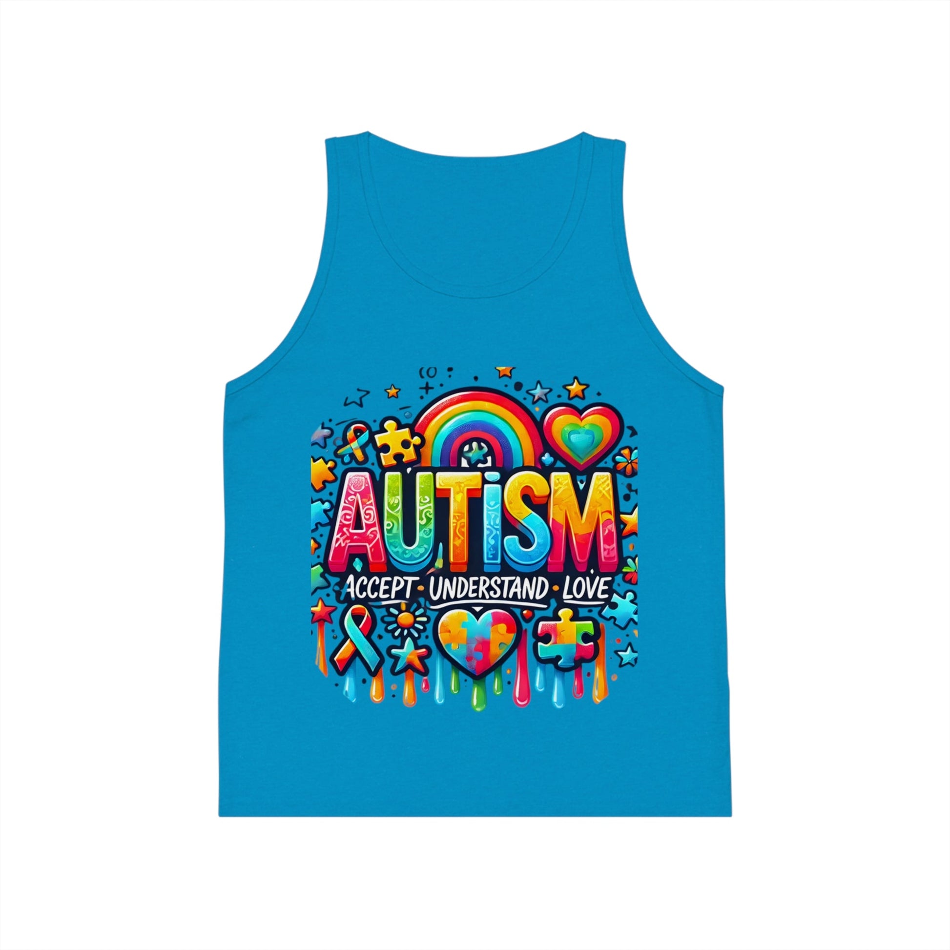 Autism Awareness Kids Tank Top — "Autism: Accept • Understand • Love" Rainbow Puzzle Design - Geo Rocks The 'Tism