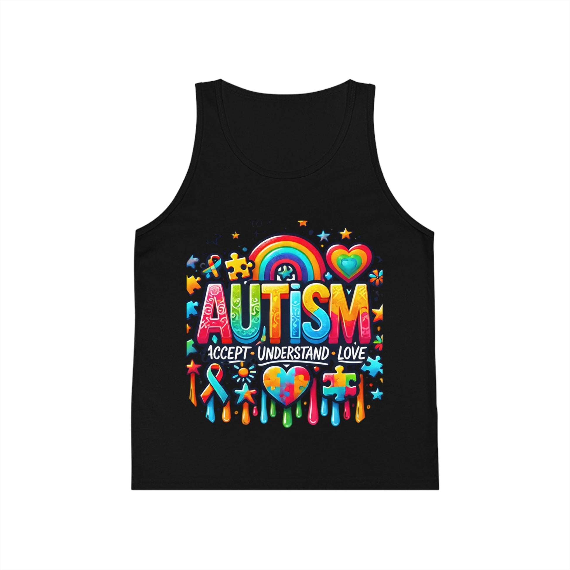 Autism Awareness Kids Tank Top — "Autism: Accept • Understand • Love" Rainbow Puzzle Design - Geo Rocks The 'Tism