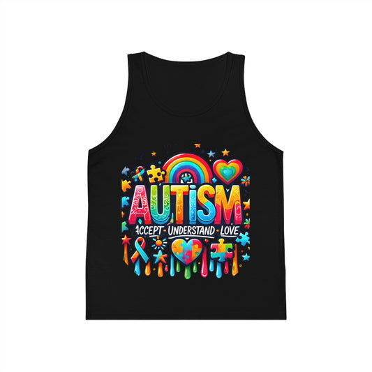 Autism Awareness Kids Tank Top — "Autism: Accept • Understand • Love" Rainbow Puzzle Design - Geo Rocks The 'Tism