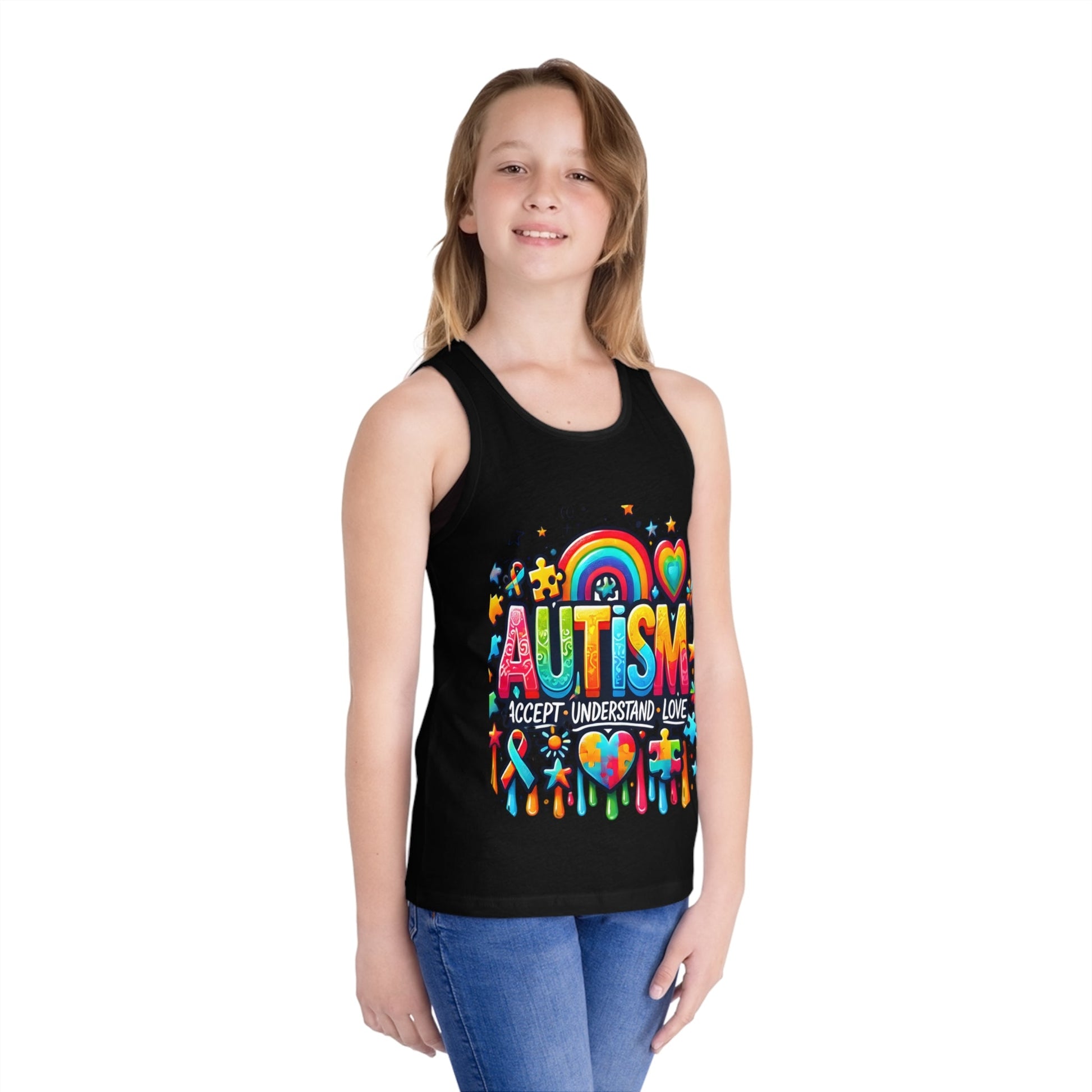 Autism Awareness Kids Tank Top — "Autism: Accept • Understand • Love" Rainbow Puzzle Design - Geo Rocks The 'Tism