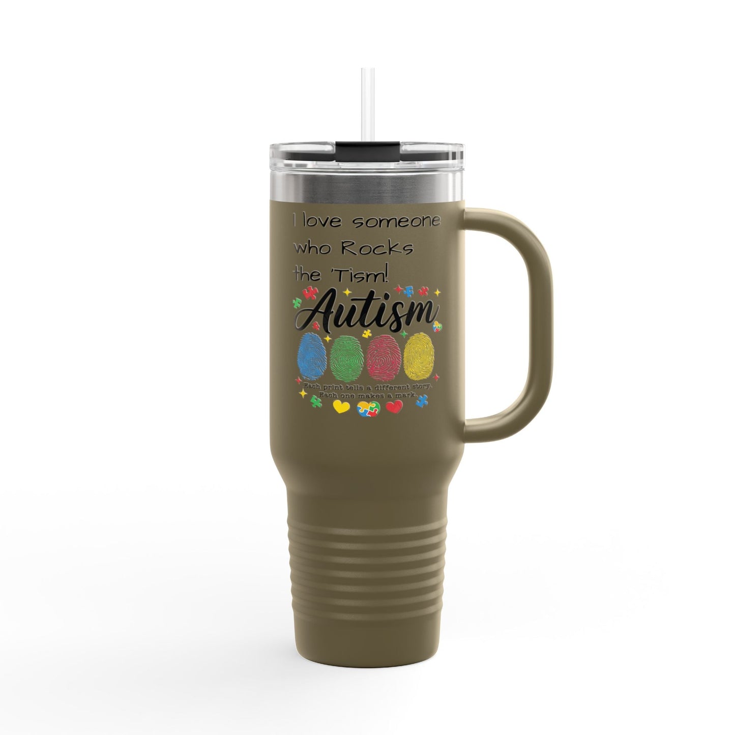 Autism Support 40oz Insulated Travel Mug — "I Love Someone Who Rocks the Spectrum" - Geo Rocks The 'Tism