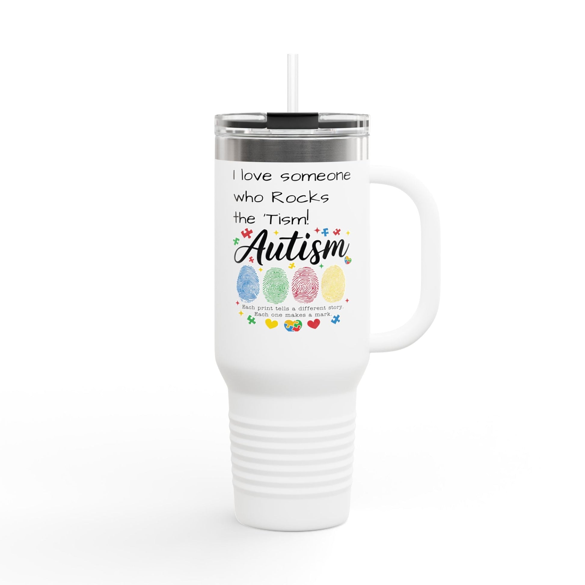 Autism Support 40oz Insulated Travel Mug — "I Love Someone Who Rocks the Spectrum" - Geo Rocks The 'Tism